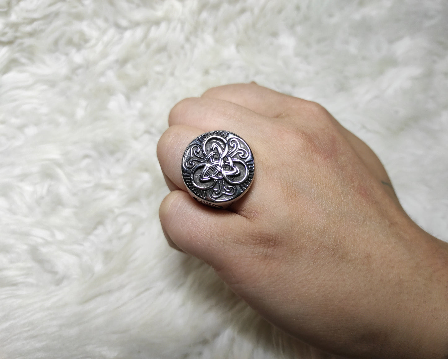 Viking ring with triquetra in a wooden gift box