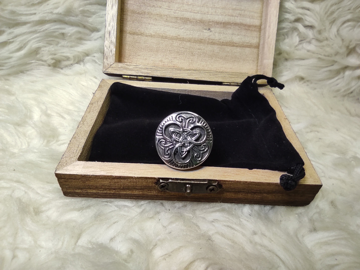 Viking ring with triquetra in a wooden gift box